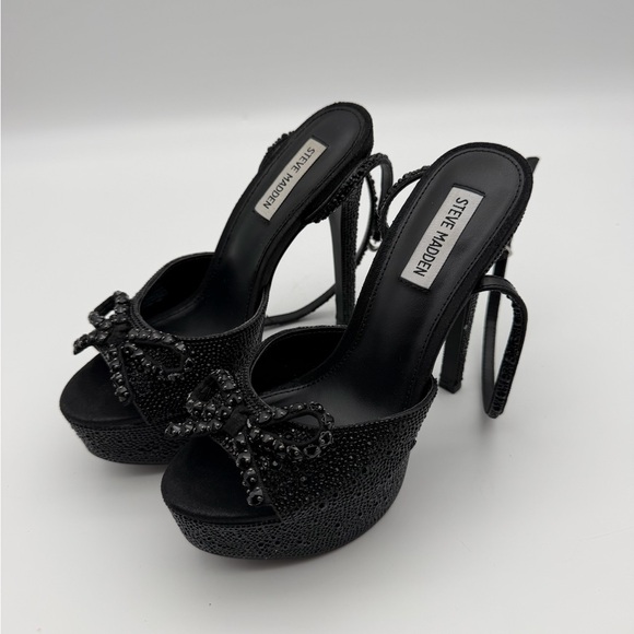Steve Madden Black Crystal Platform Ankle-Strap Sandals 7 - Picture 4 of 8